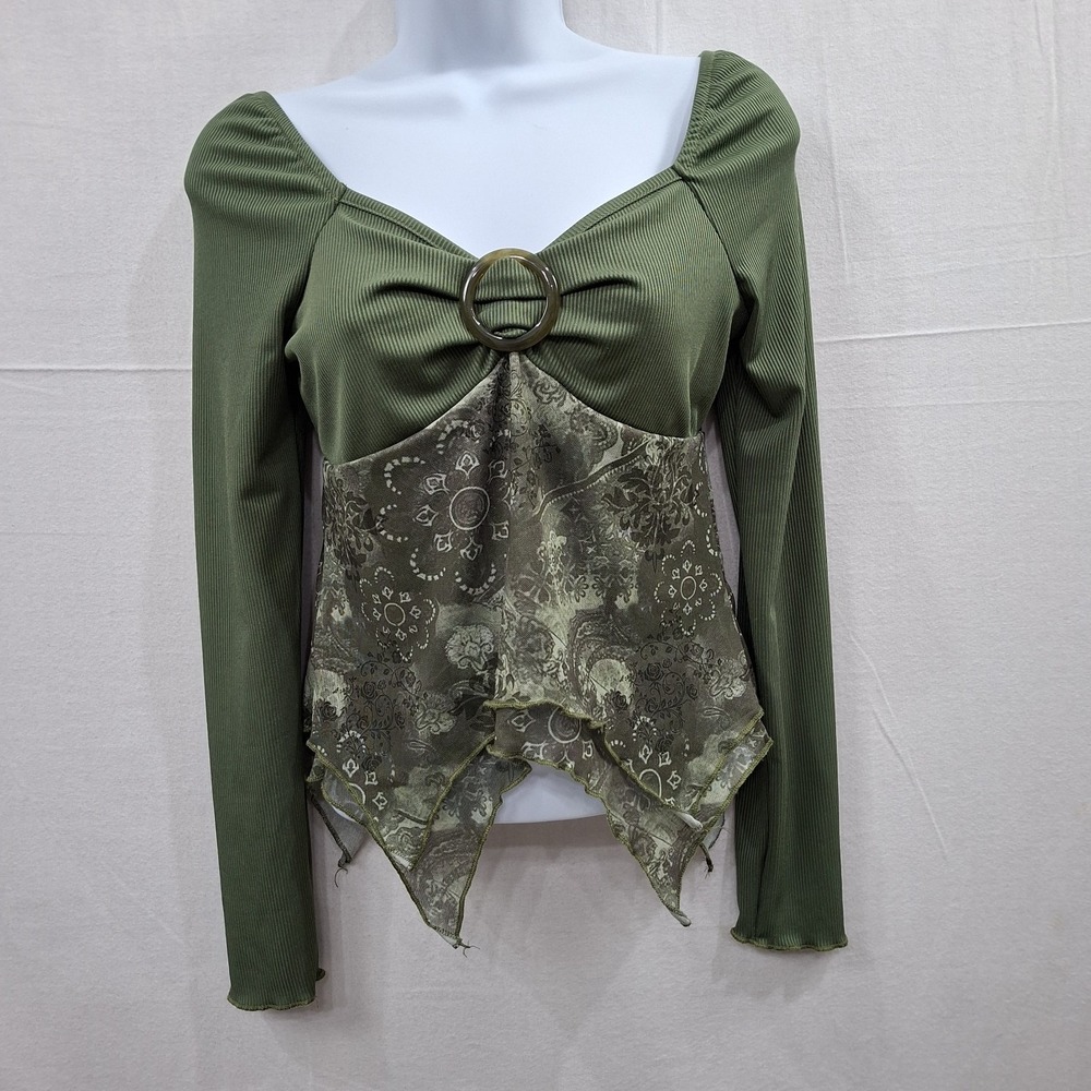 Y2K Babydoll Top XS Green Paisley long Sleeve Fairy Grunge Goblincore Asymmetric